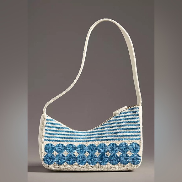 Anthropologie Handbags - ANTHROPOLOGIE Asymmetric Beaded Shoulder Bag Blue & White Polka Dot